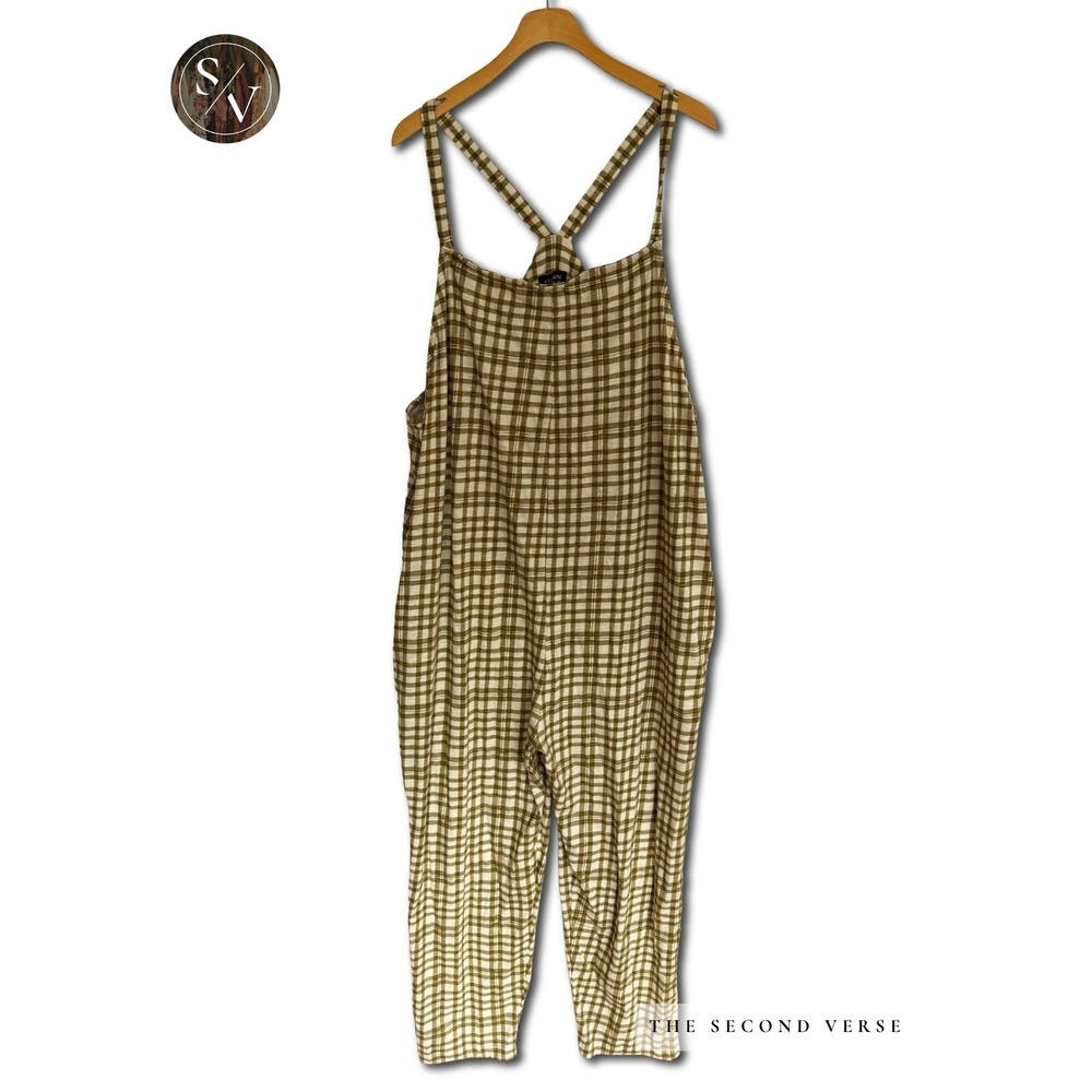 Known Supply Jumpsuit Women 2XL Olive Caden Plaid Organic Cotton Overalls - Picture 2 of 11